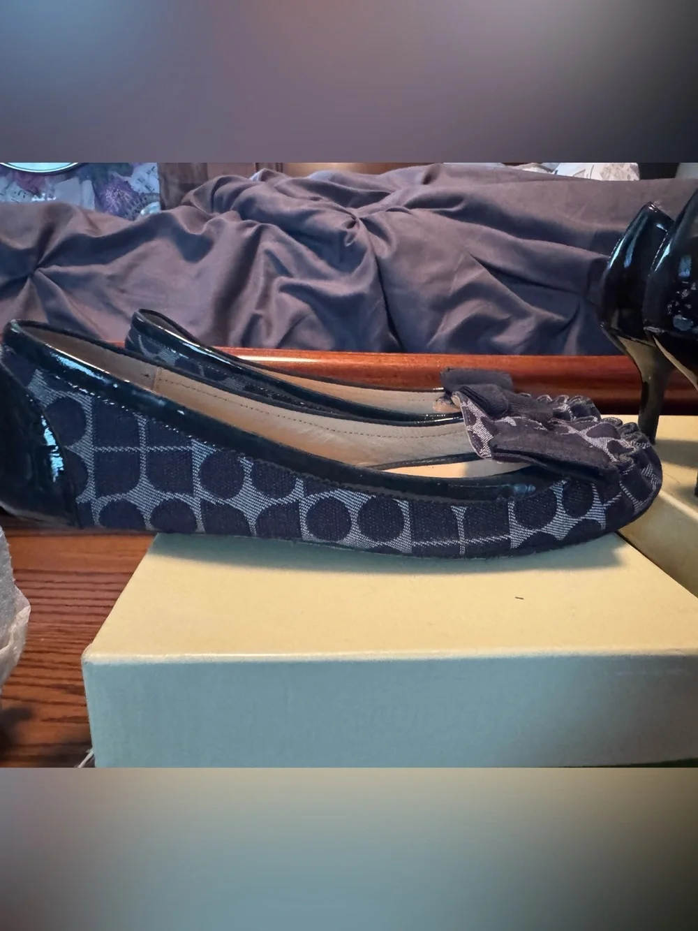 kate spade Navy Logo Pattern Patent-Trim Ballet Flats with Bow